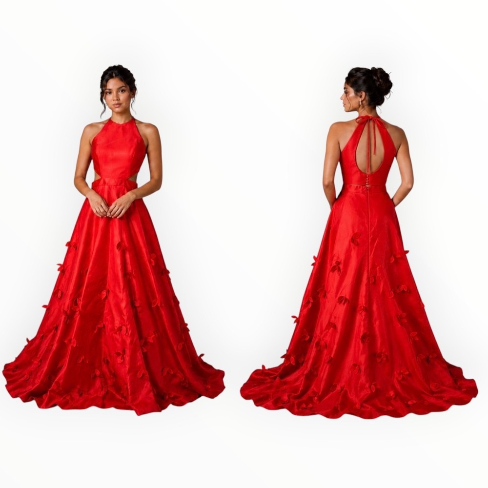 Red 3D Floral Ball Gown Prom Dress Halter‎ Open Back Size 7